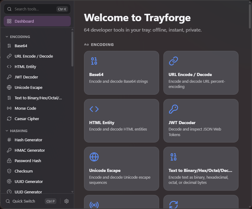 Trayforge dashboard showing tool categories and recently used tools in a translucent window