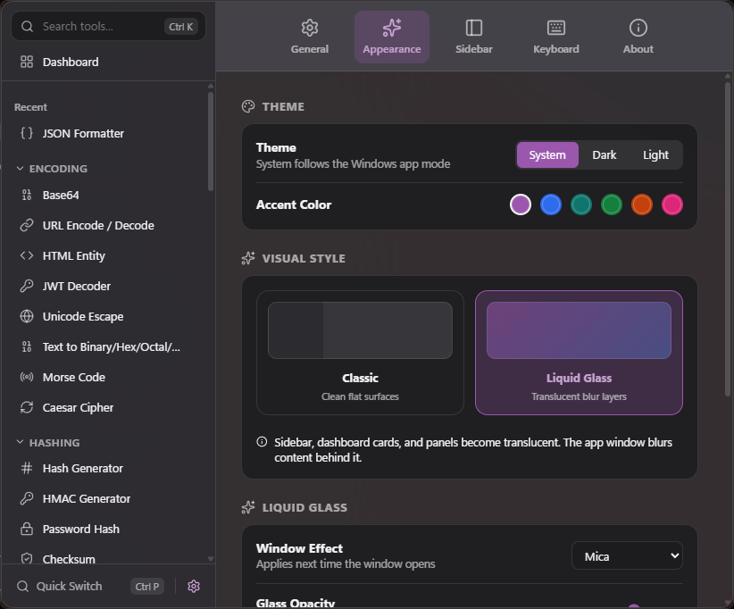 Settings page with theme, accent color, window effect and recent-tools options
